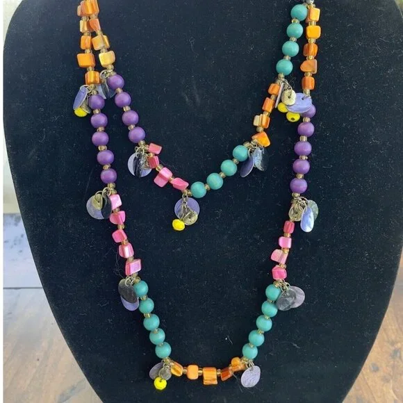 Vintage Double Strand Statement Necklace Boho Wood Bead Shells Jewels Multicolor - Picture 2 of 5